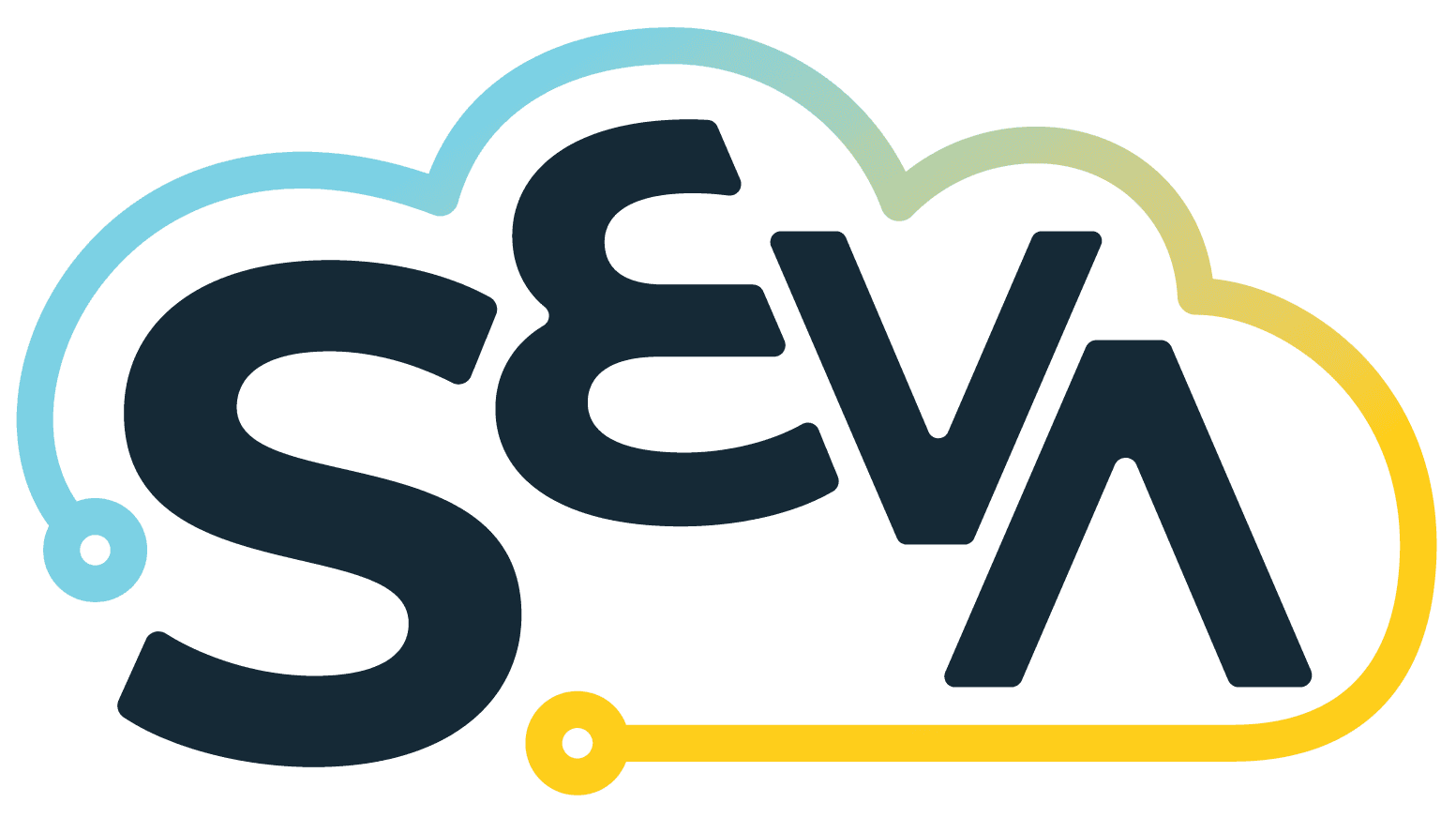 Seva Cloud Logo A Cloud that fades from blue to yellow With the word Seva Inside
