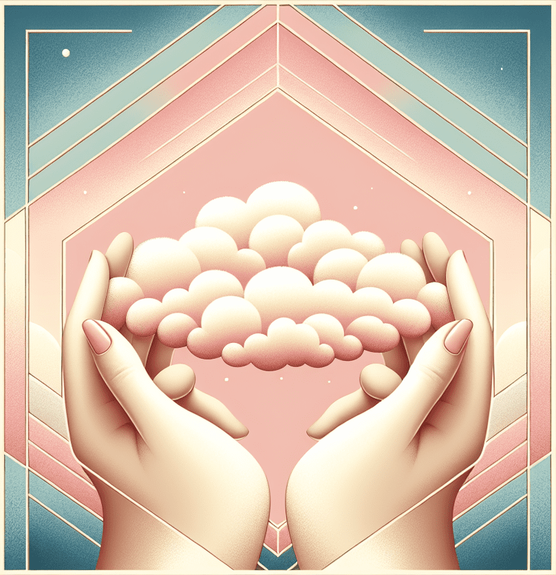 Two hands caringly holding a cloud in front of geometric shape