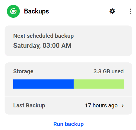 Daily website backups showing next backup at 3am tomorrow and 3.3 gigabytes used.