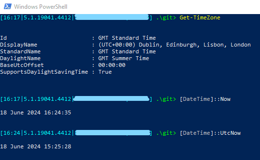 Powershell console window showing the output of Get-Timezone and the date in local timezone and in relation to UTC and Daylight Saving Time