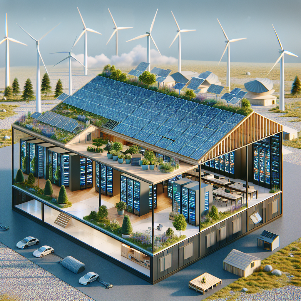 An imaginary seva cloud data canter in the future showing renewable sources powering a sustainable web designers business